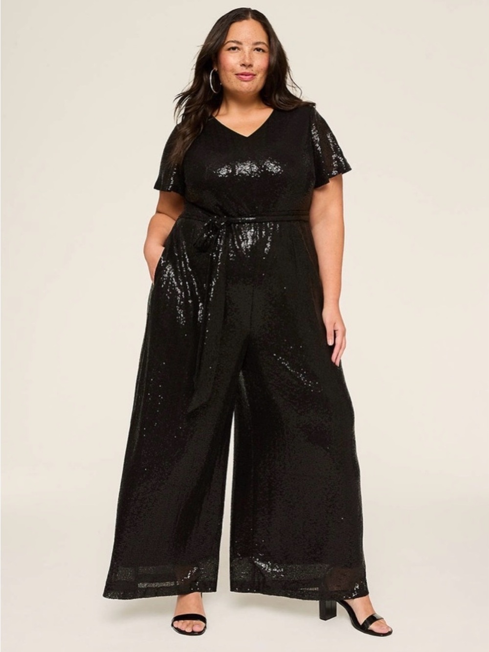 Black Sequin Wide-Leg Jumpsuit with Tie Waist
